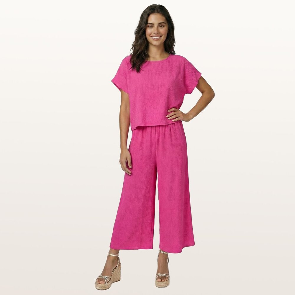 Hot Pink Two Piece Set Wide Leg Pants Summer Outfit